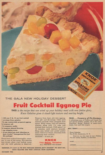 1956 recipe for Fruit Cocktail Eggnog Pie